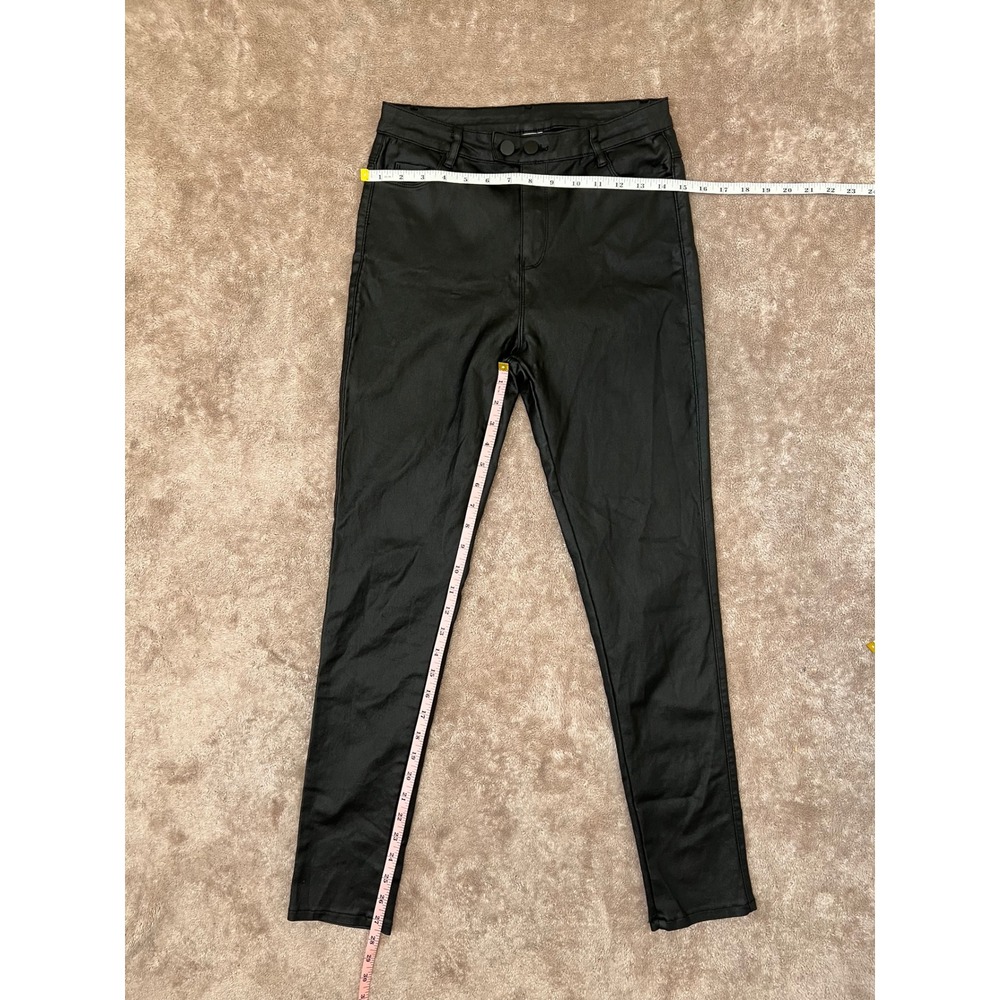 Black Coated Faux Leather High Rise Skinny Pants Double Button Stretch L - Picture 11 of 12